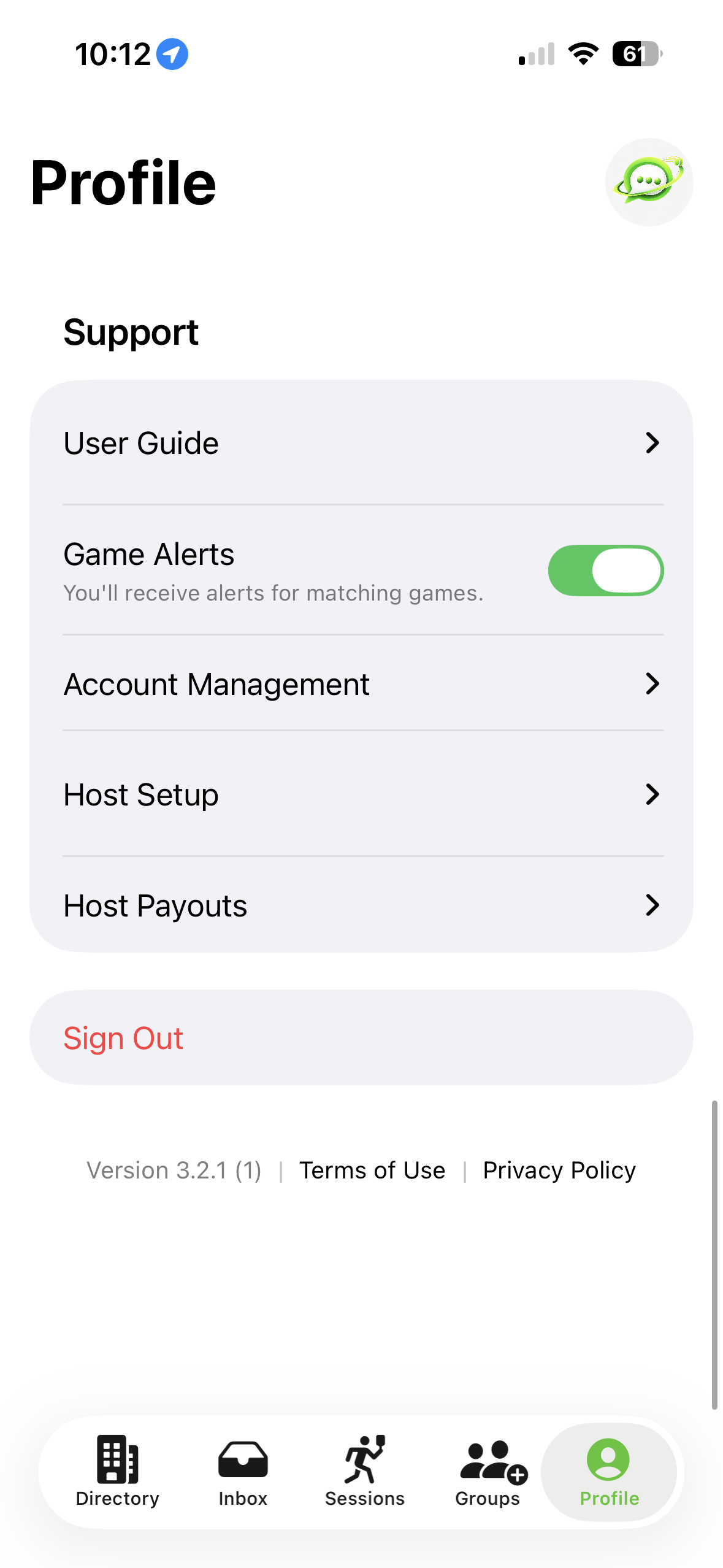 The Profile screen showing Host Setup directly in the Support section.
