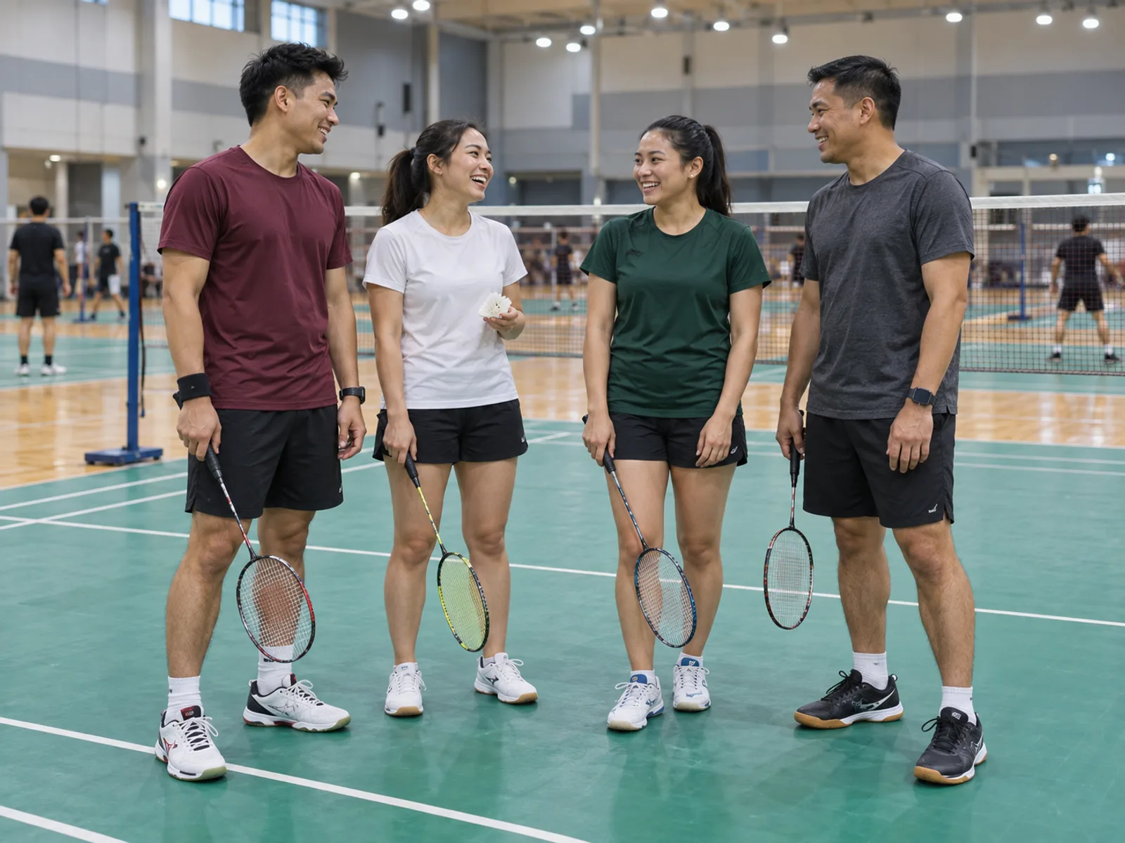 Badminton friends chatting between games