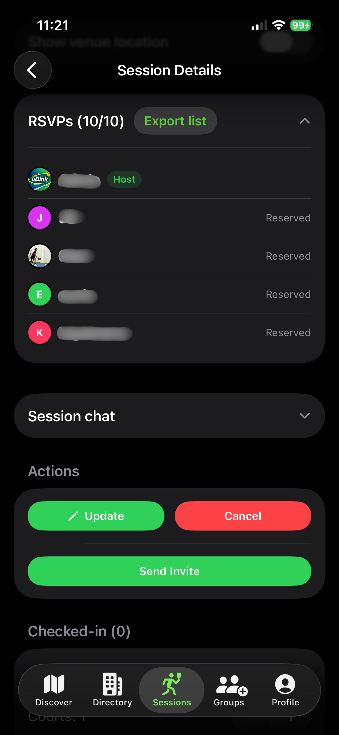 uDink session RSVP list with reserved players and the export-list control