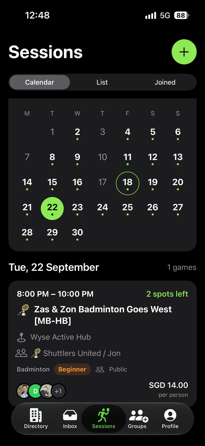 uDink sessions calendar with a badminton game and available spots