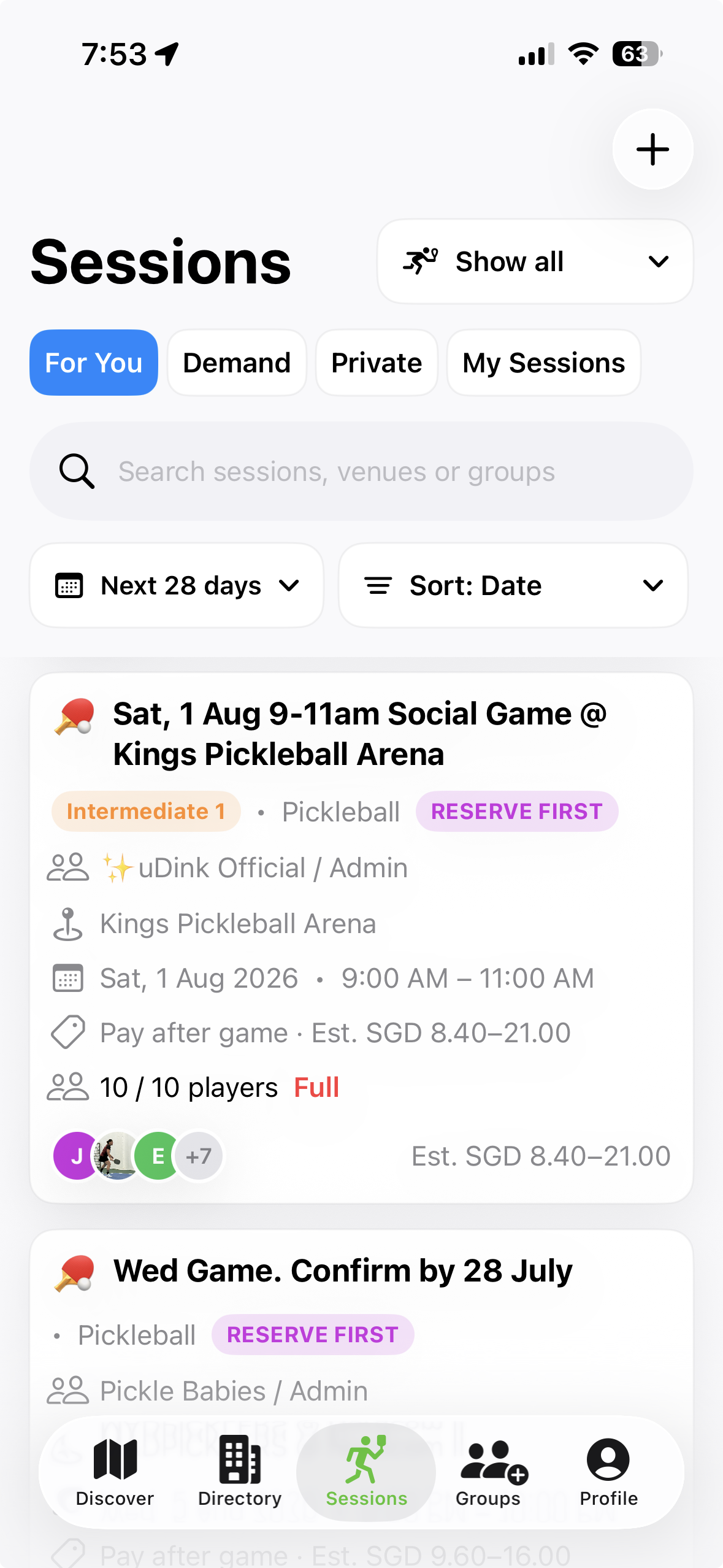 Public pickleball sessions displayed in the uDink app