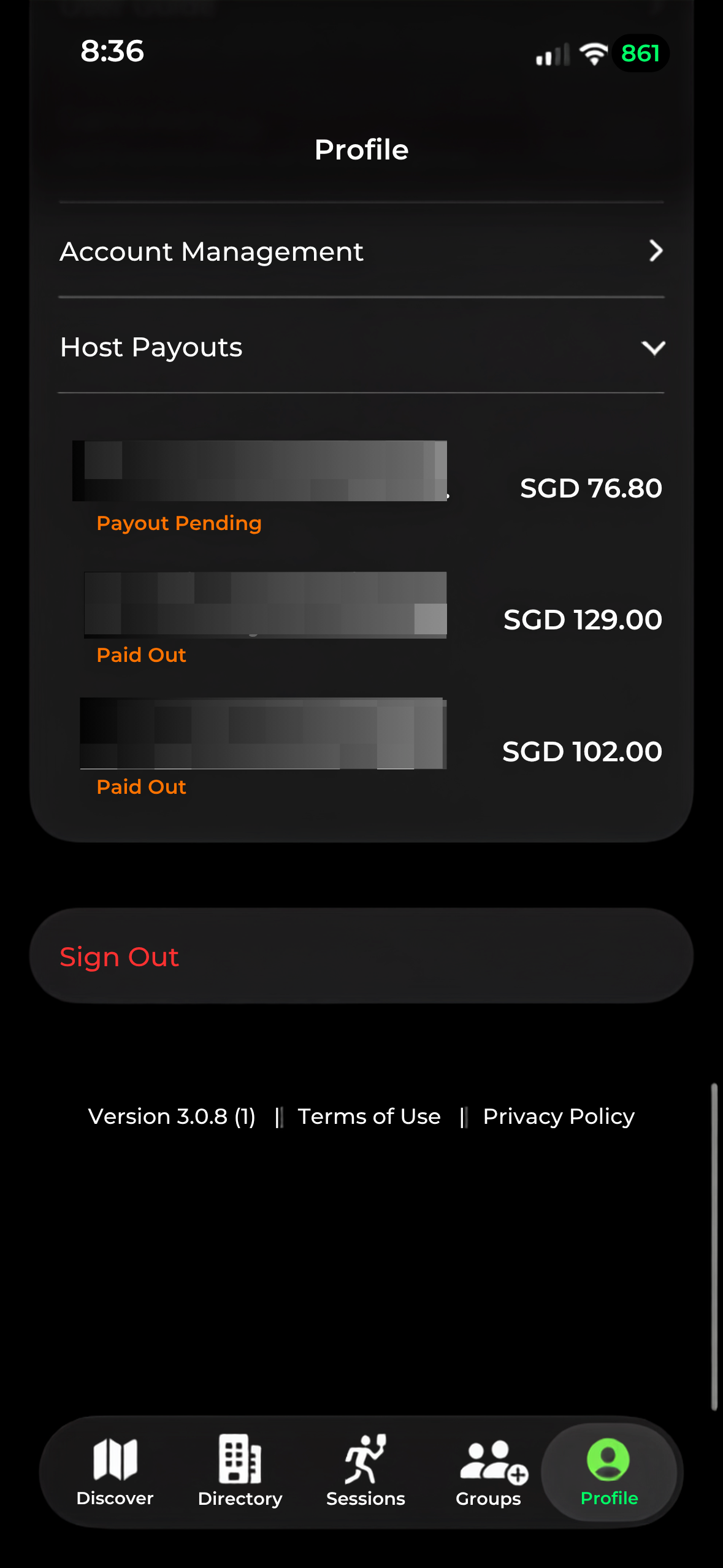 uDink profile screen showing pending and completed host payouts
