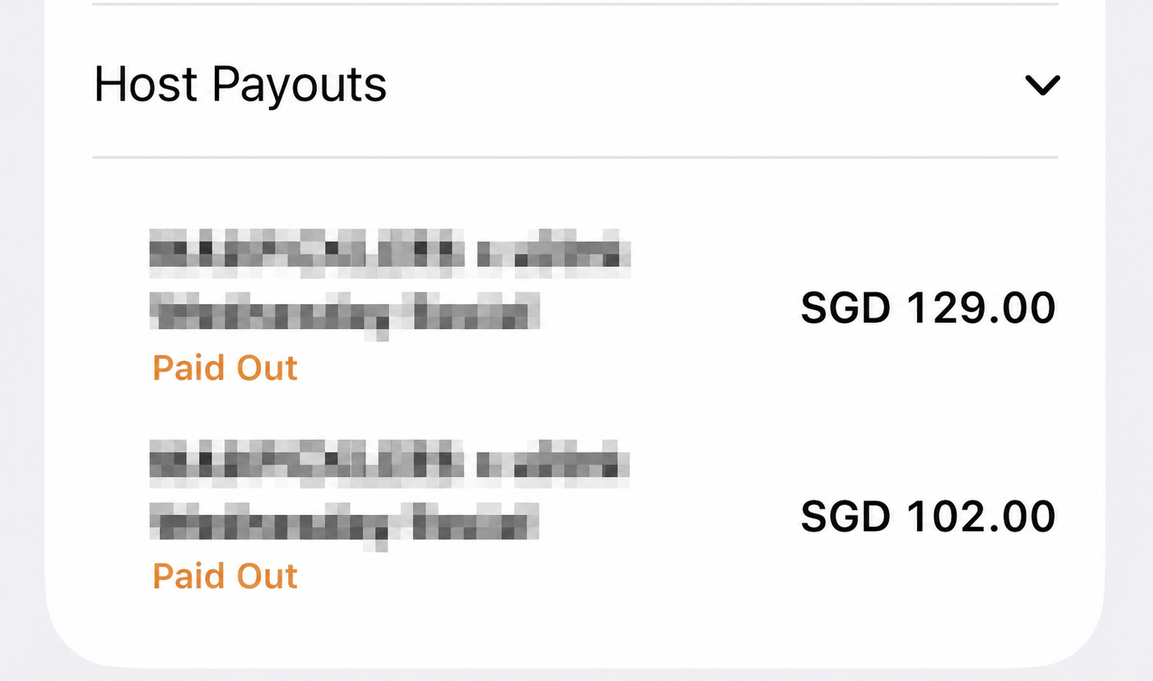 An anonymised uDink organiser payout screen showing SGD 129 and SGD 102 payouts