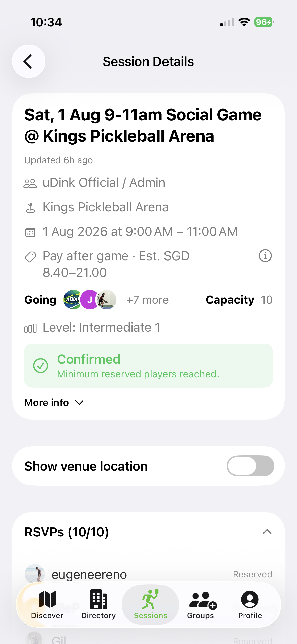 Player-facing uDink session details showing an estimated post-paid charge and confirmed reservation status