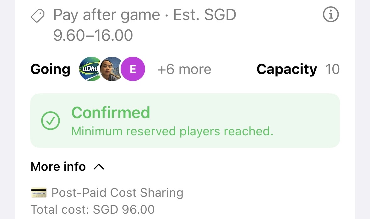 uDink showing the actual minimum reserved players reached status