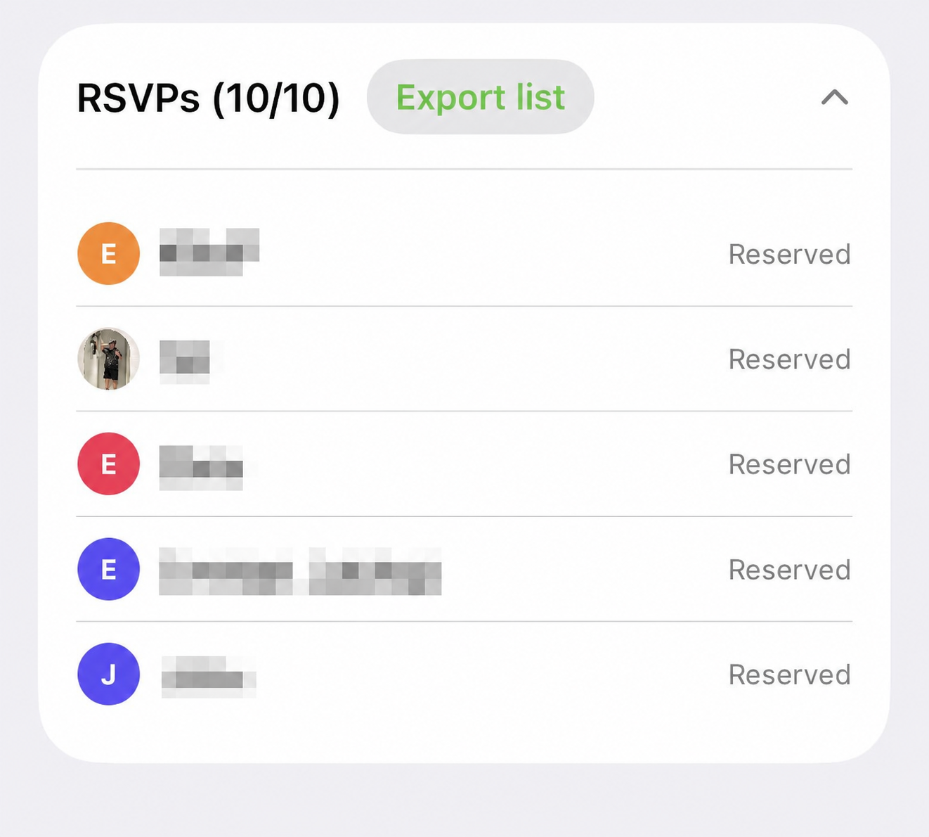 An anonymised uDink RSVP list showing ten reserved players and the export list option