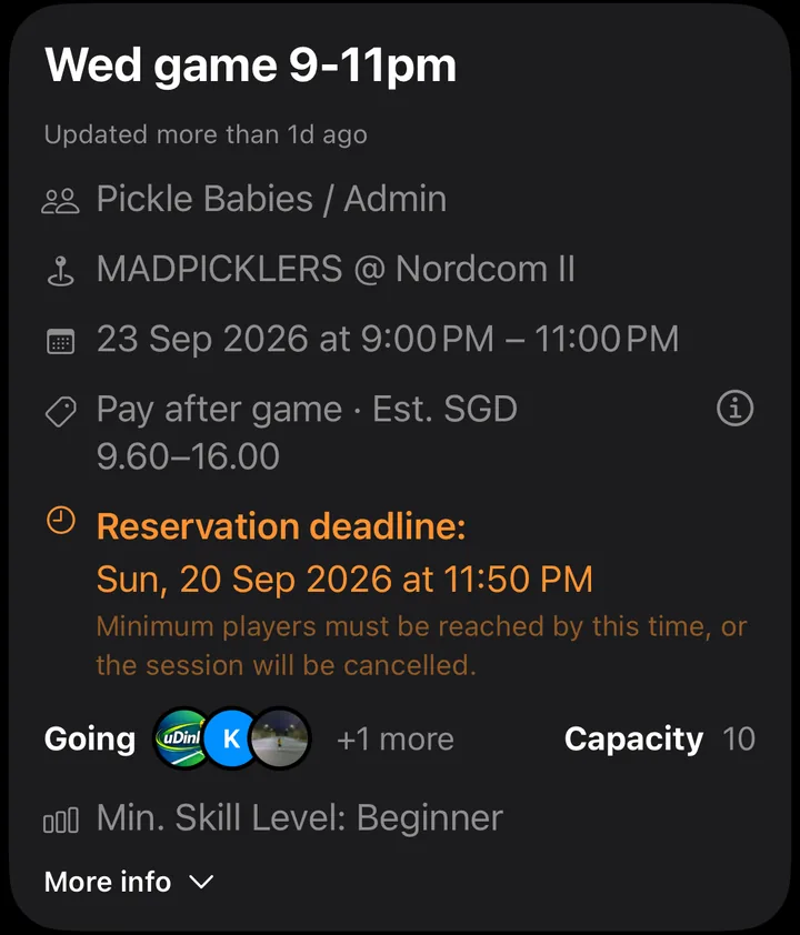 uDink session details showing the venue, game time, payment estimate, reservation deadline and player capacity