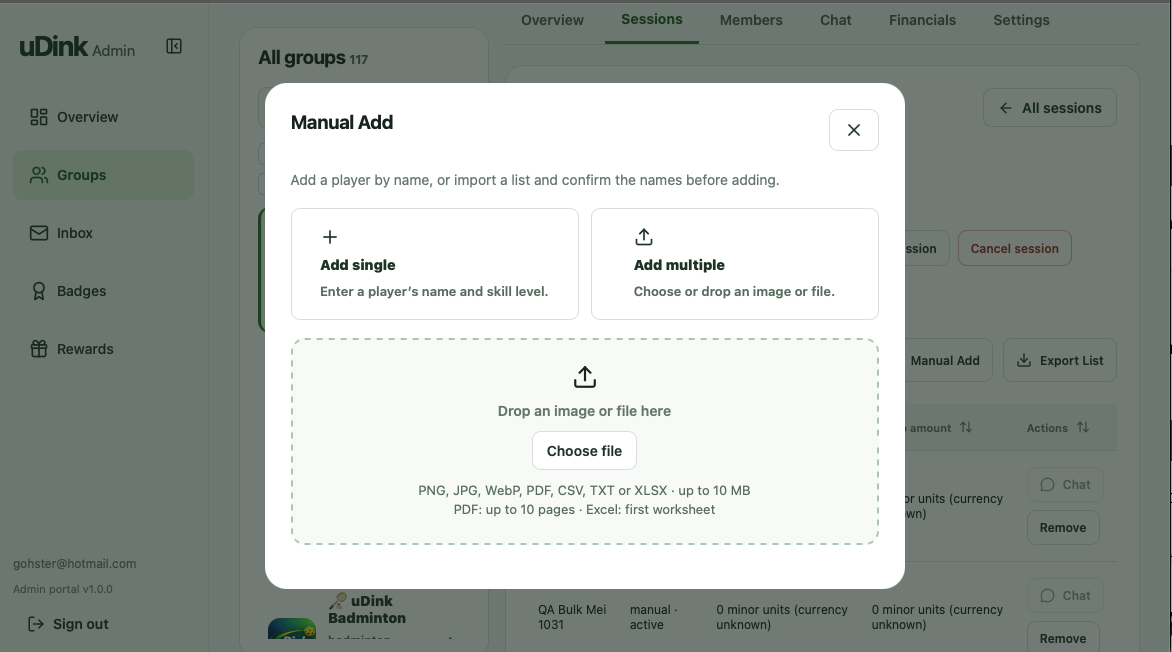uDink Manual Add dialog with Add single and Add multiple options, plus a drop area for uploading an image or player-list file